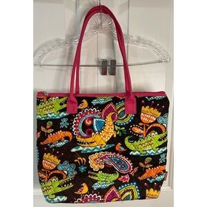 N-Gil Quilted Tote Bag Black Pink Green Alligator Paisley Print 11" x 12"